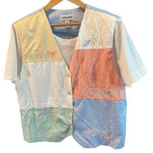 Vintage 90s Alfred Dunner Pastel Boxy Color Block Short Sleeved Button Up Top Sz